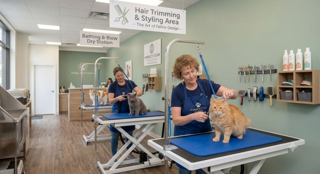 An orange cat and a grey cat getting haircuts on blue tables in a clean pet shop.