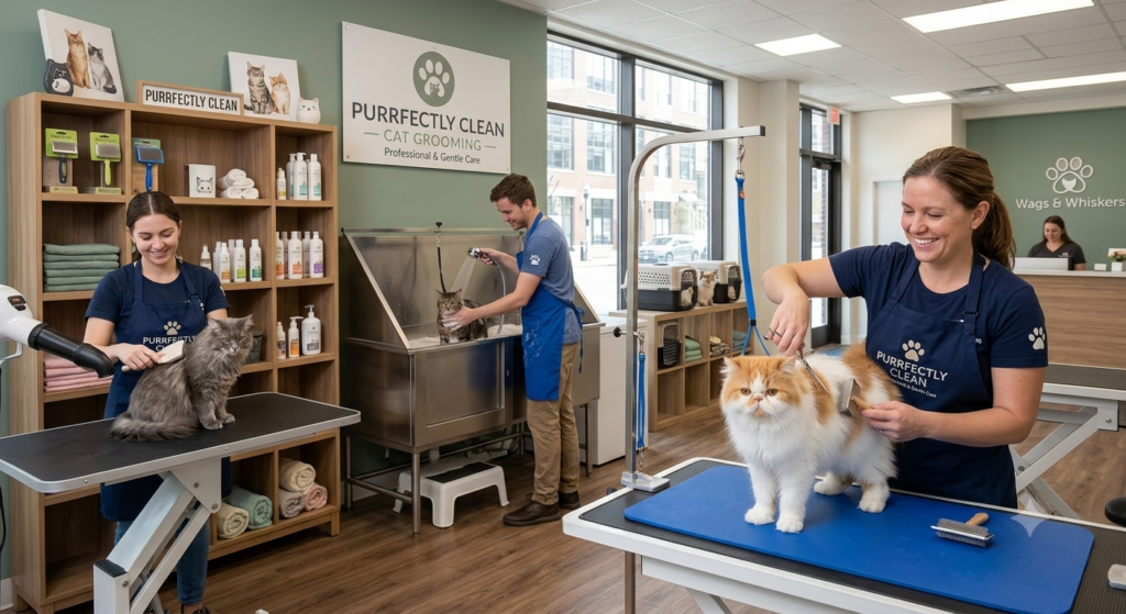 Professional cat groomer brushing a long-haired cat in a salon.
