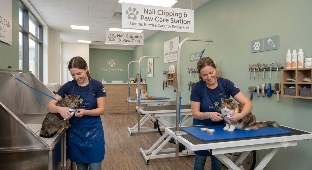 Two women in blue aprons gently holding cats to trim their nails in a light green pet salon with blue and white tables.