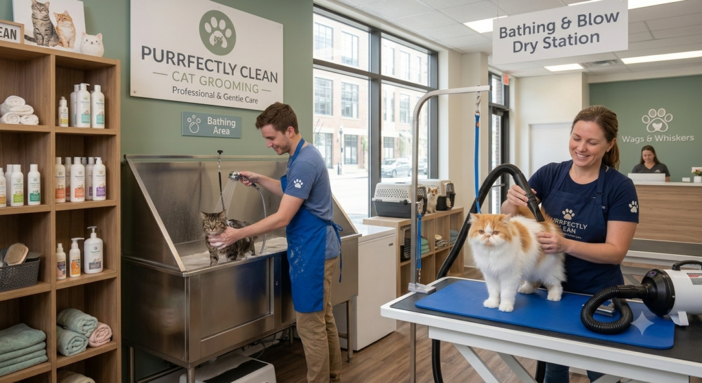 Groomers bathing and blow-drying cats in a pet salon.