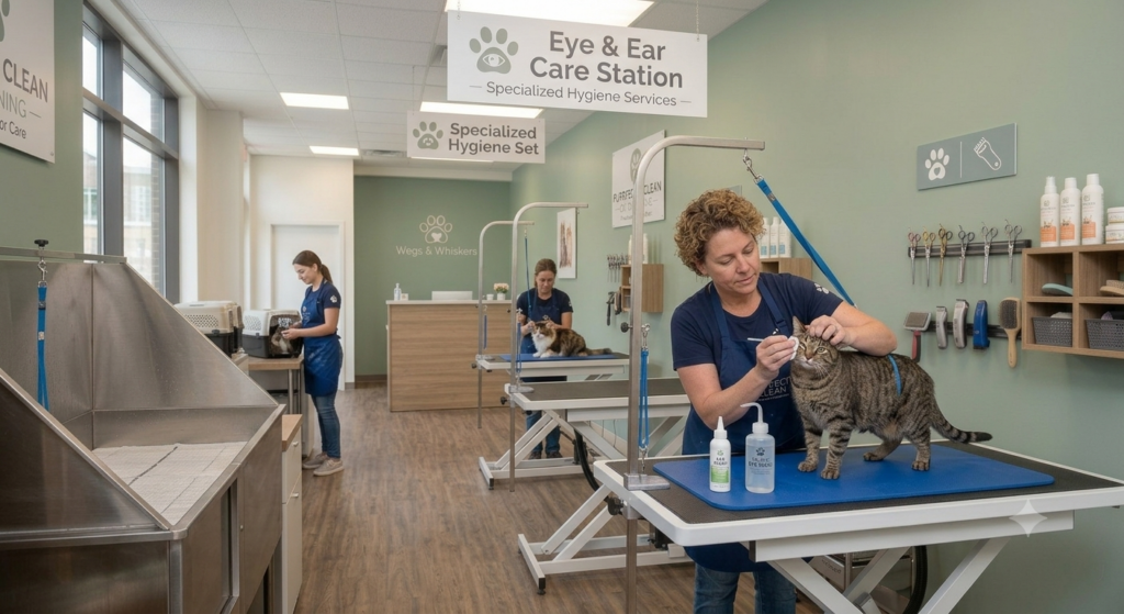 A lady in a pet shop is cleaning a brown cat's ears.
