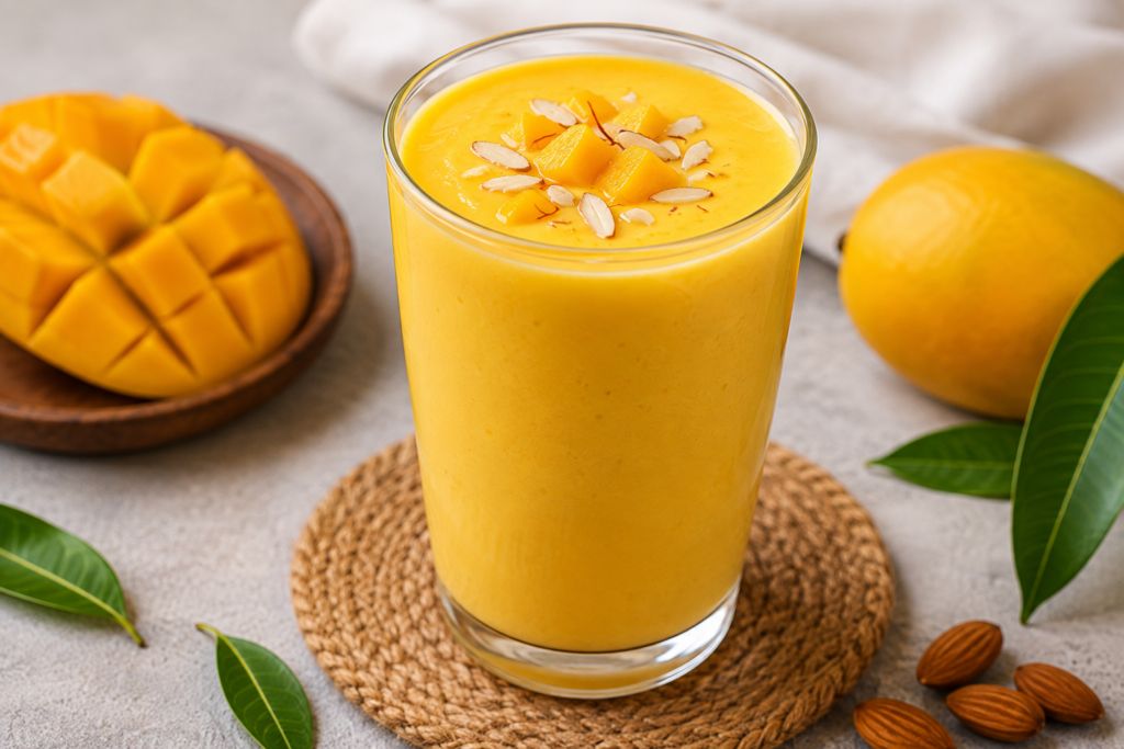 Fresh Mango Shake Recipe served in a chilled glass