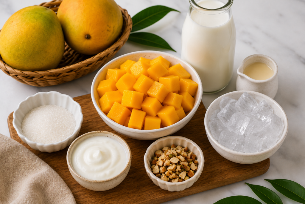  Fresh ripe mangoes and ingredients for Mango Shake Recipe